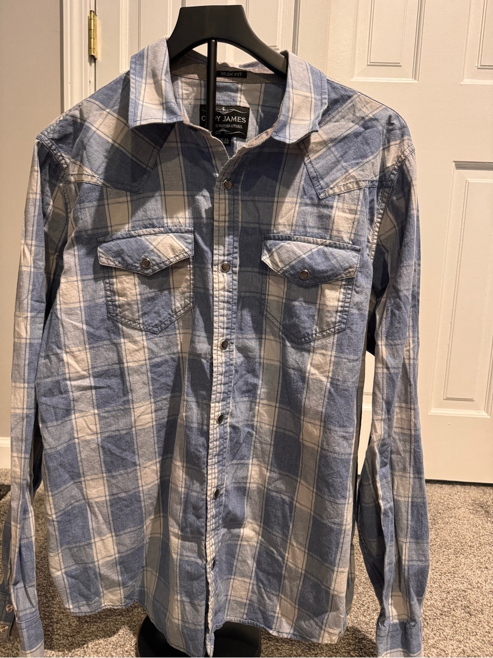 Cody James Men's Plaid Western Pearl Snap Shirt Light Blue White Slim Fit XL